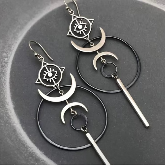 Half Moon Evil Eye Hoop Drop Earrings - Picture 3 of 4